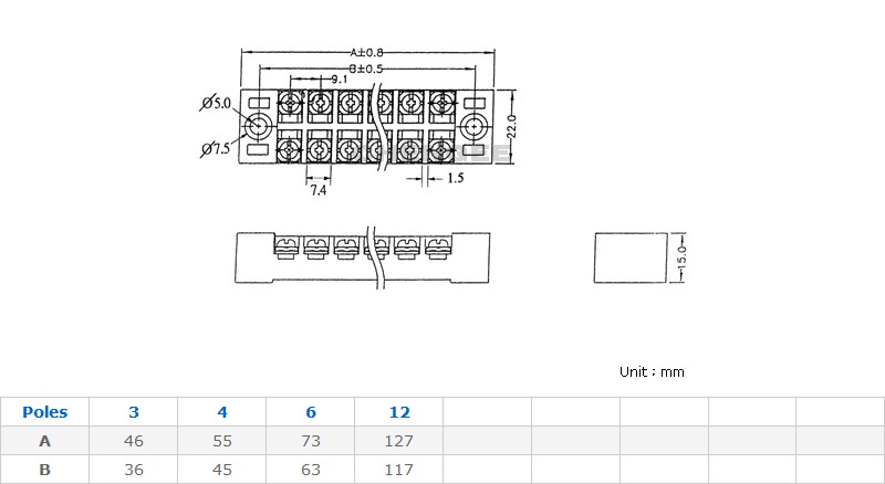 15A 固定式端子台/端子盤尺寸圖