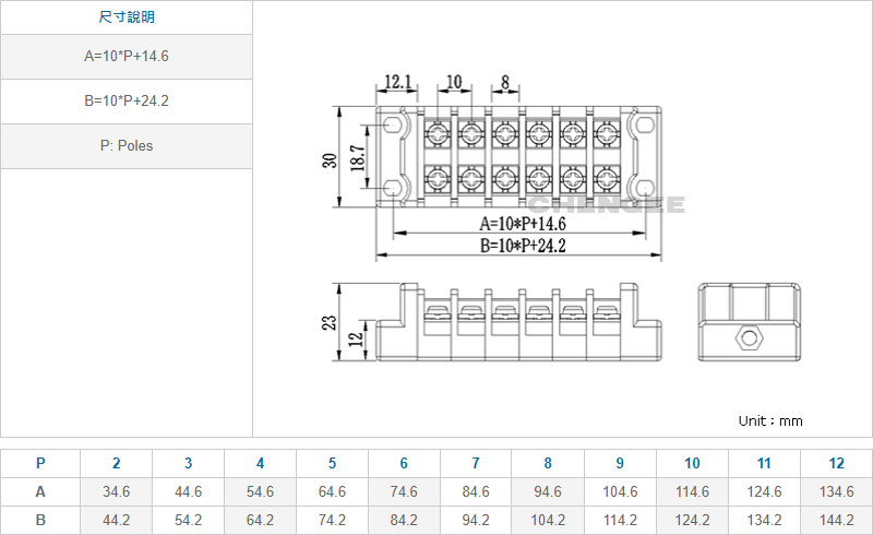 10A 連結式電木端子台/端子盤尺寸圖