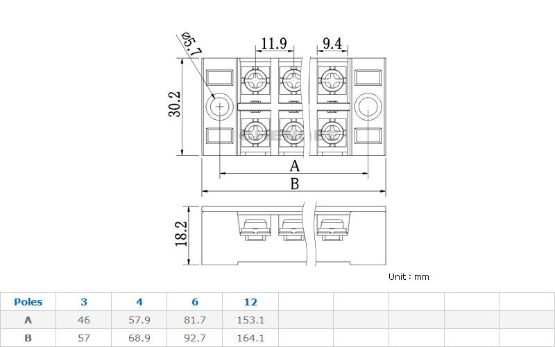 25A 固定式端子台/端子盤尺寸圖