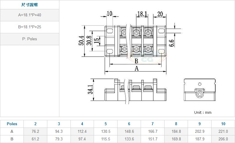 60A 連結式電木端子台/端子盤尺寸圖